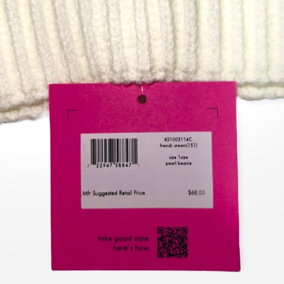 KATE SPADE Beanie Pearl Embellished Knit Cap French Cream Ivory NWT - Picture 8 of 9